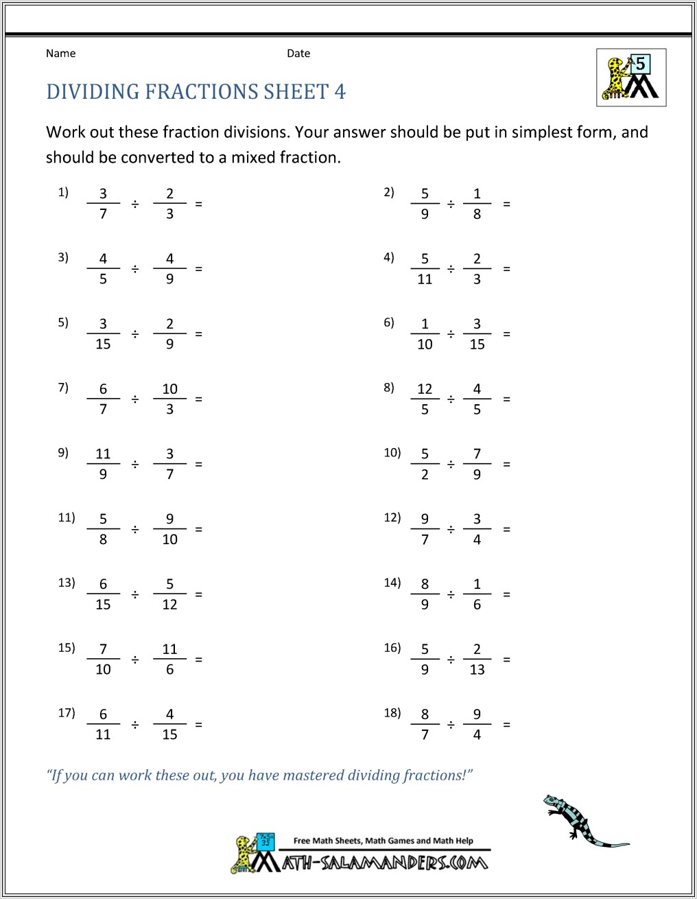 Dividing Whole Numbers By Fractions Printable Worksheet