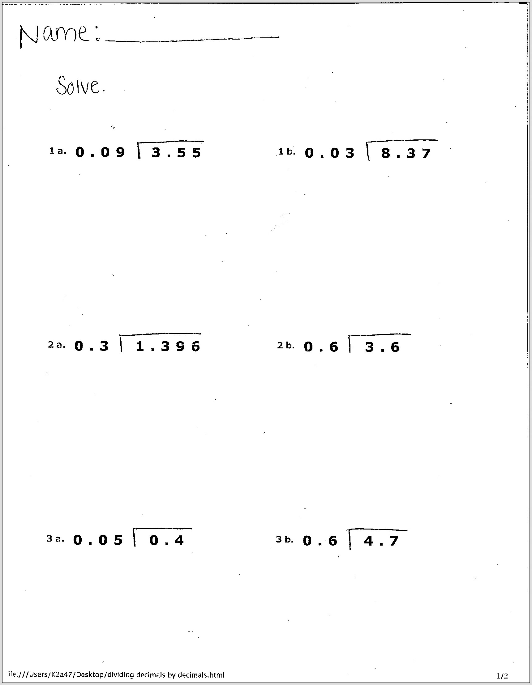 Dividing Whole Numbers With Decimal Quotients Worksheets