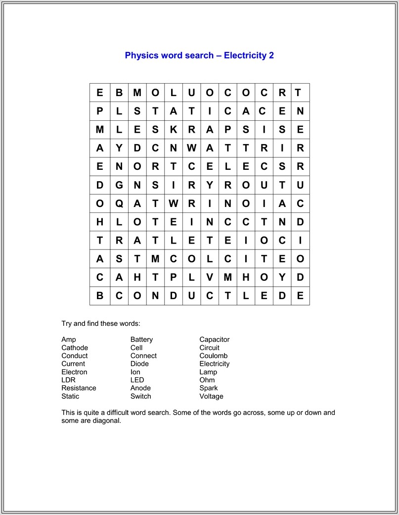 Electricity Word Search Difficult