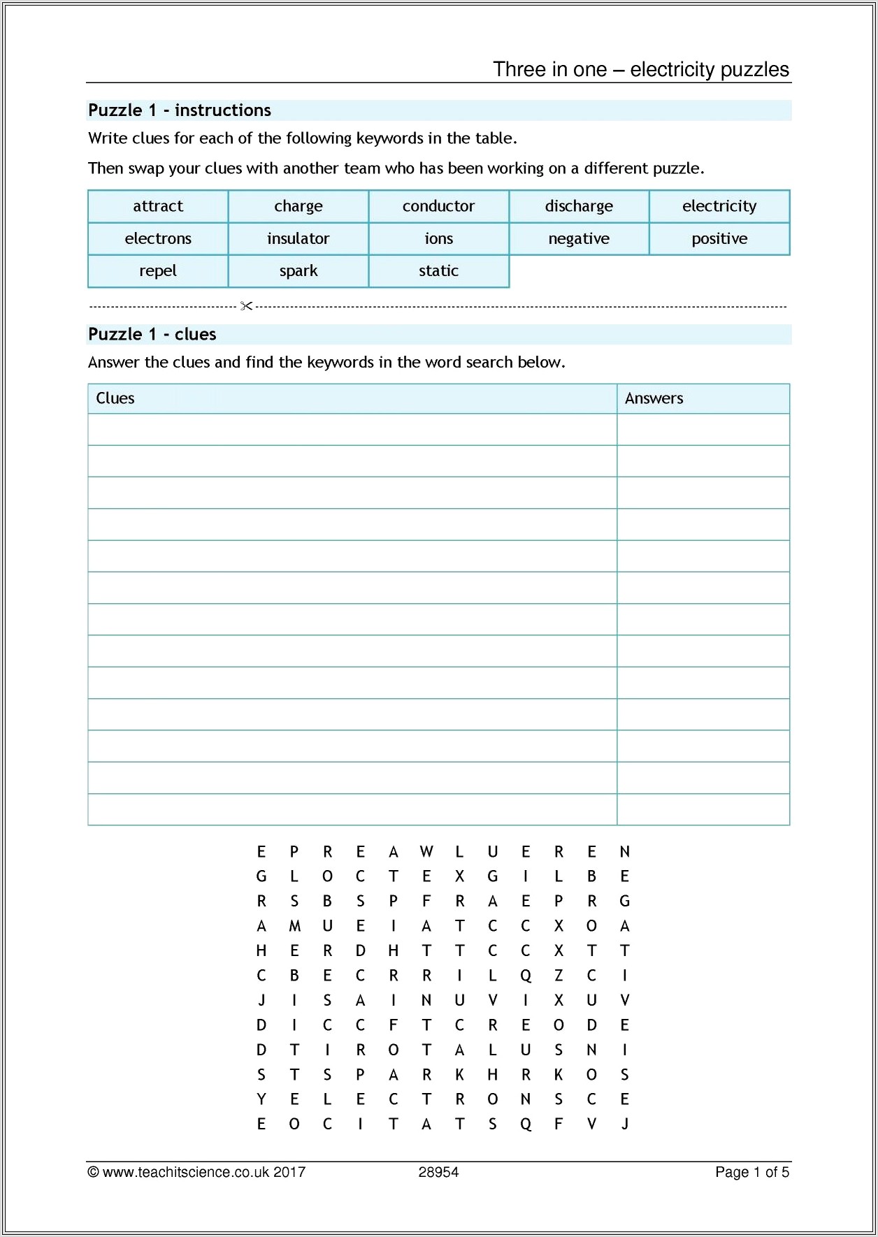 Electricity Word Search Ks4