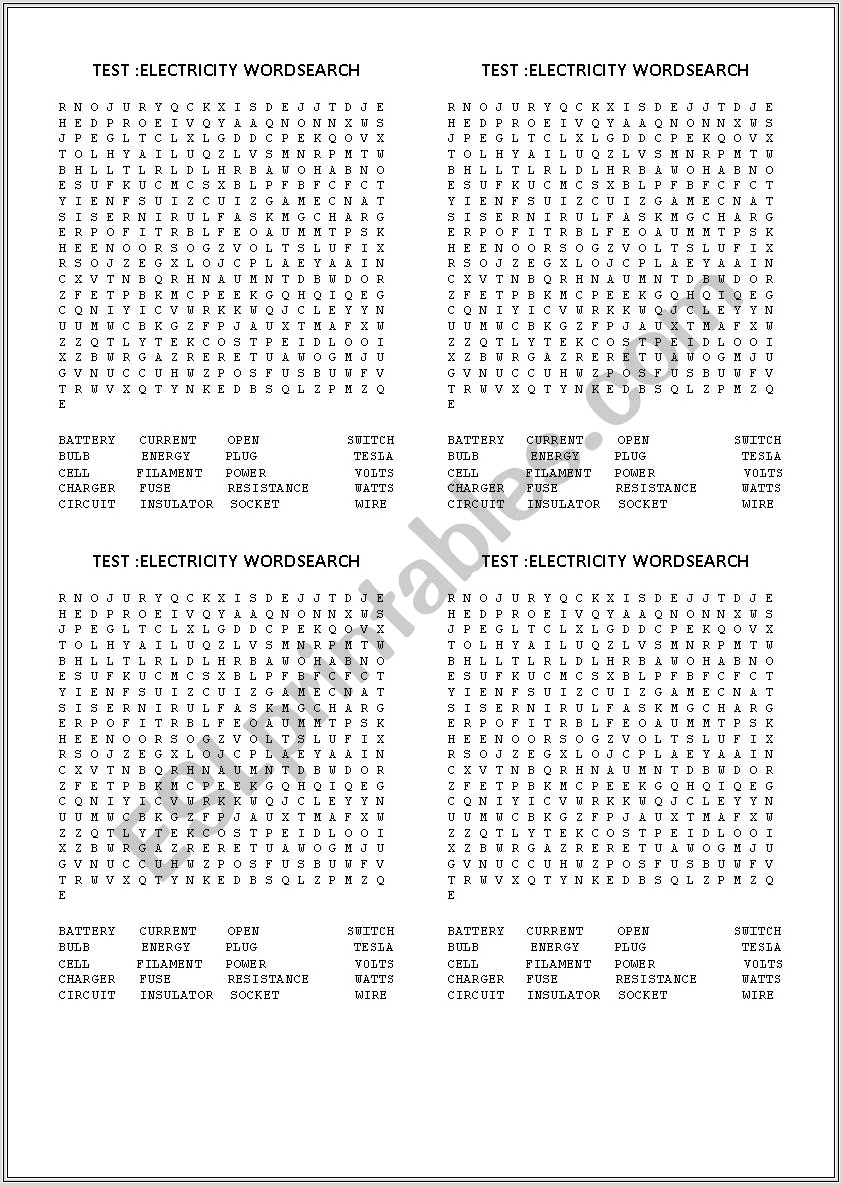 Electricity Worksheet Word Search