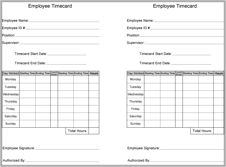 Employee Time Card Worksheet