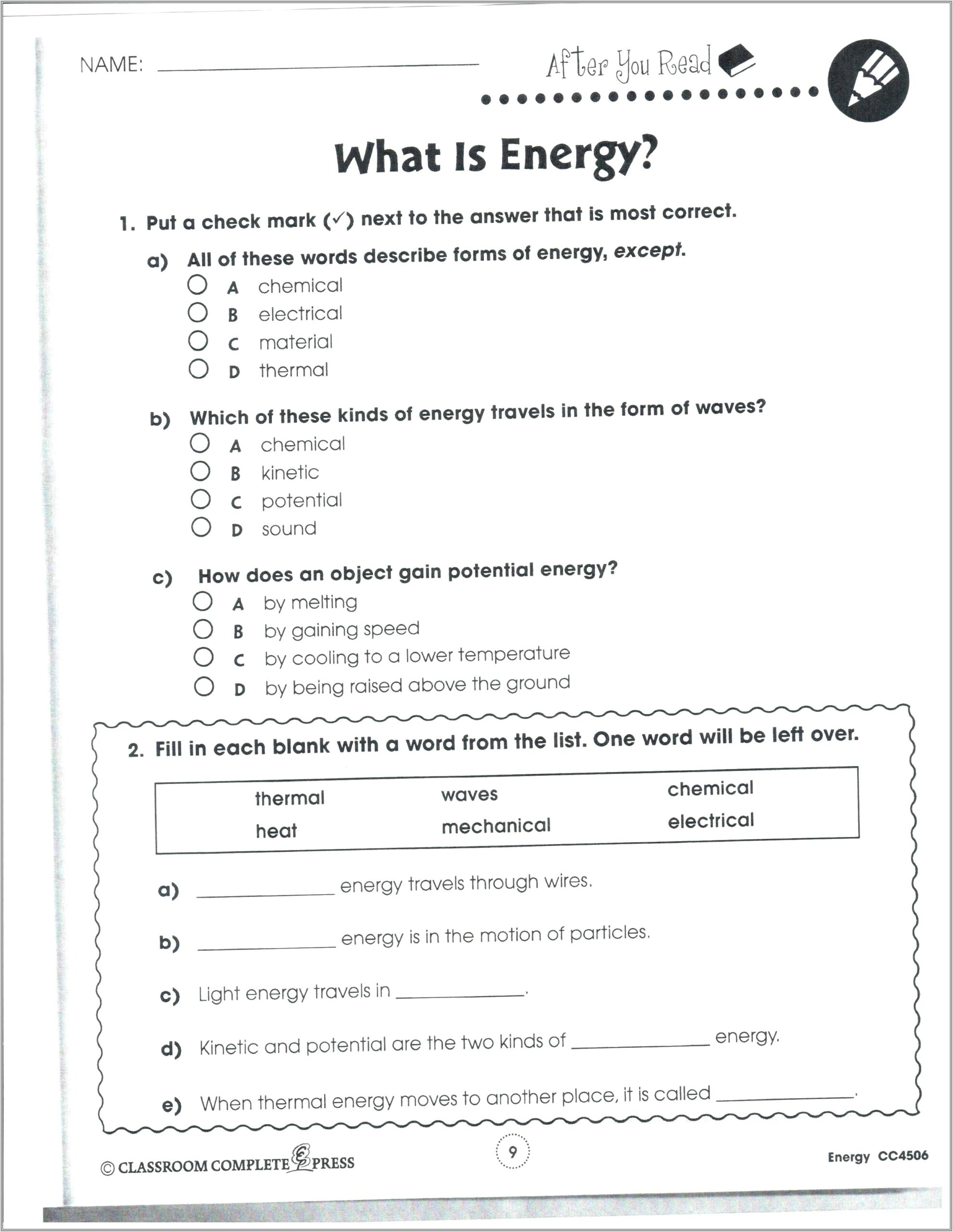 Energy Worksheet Second Grade