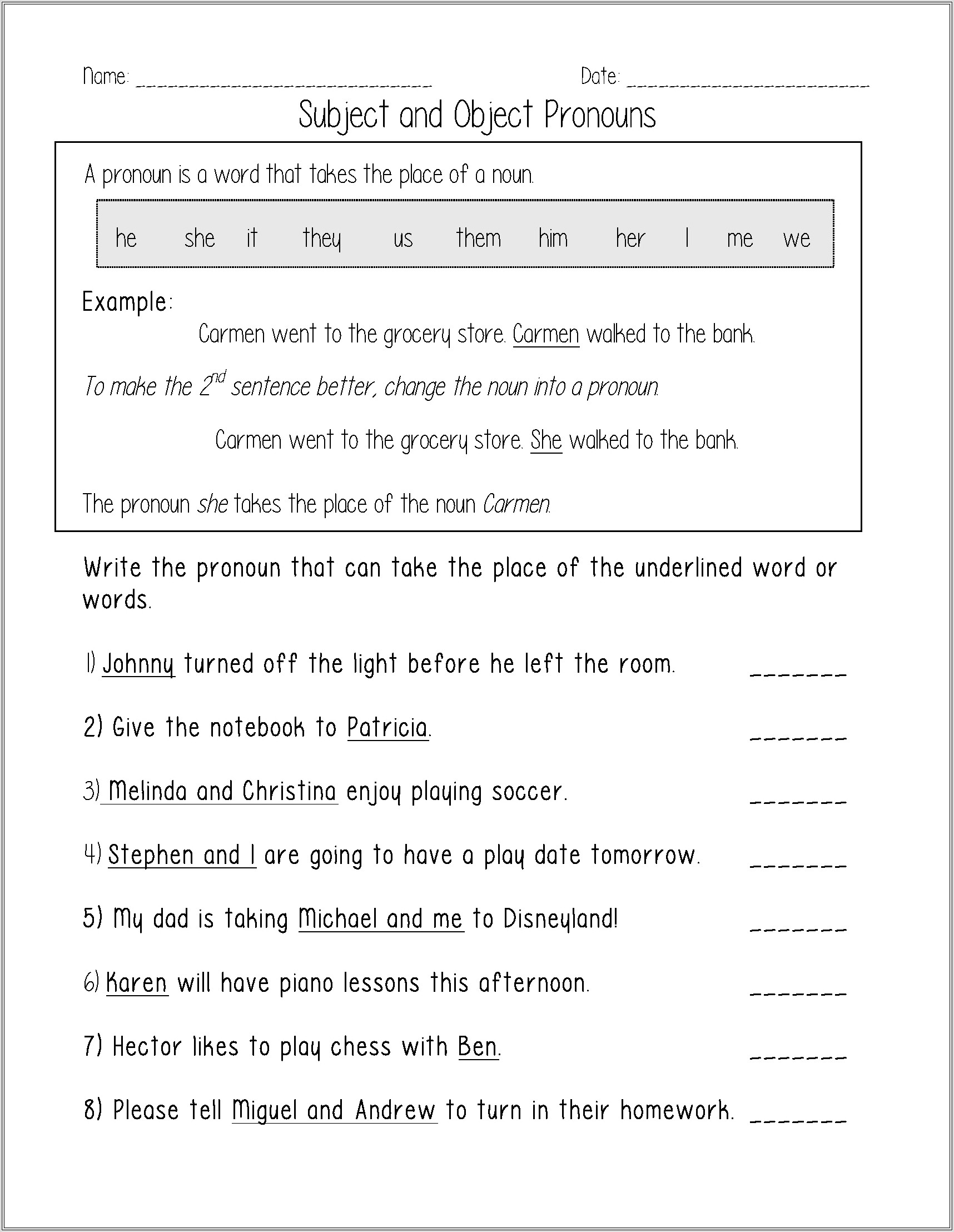 English Grammar Pronoun Worksheets For Grade 2