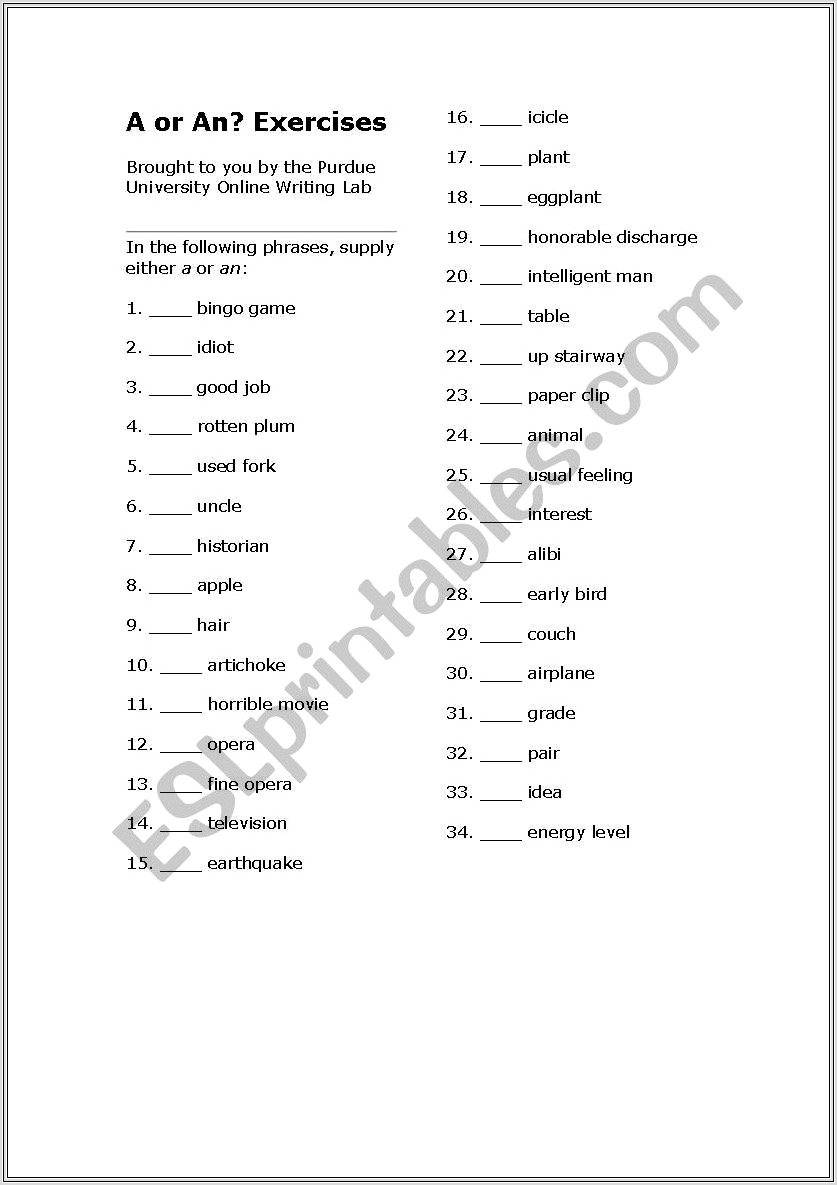 English Worksheet A And An