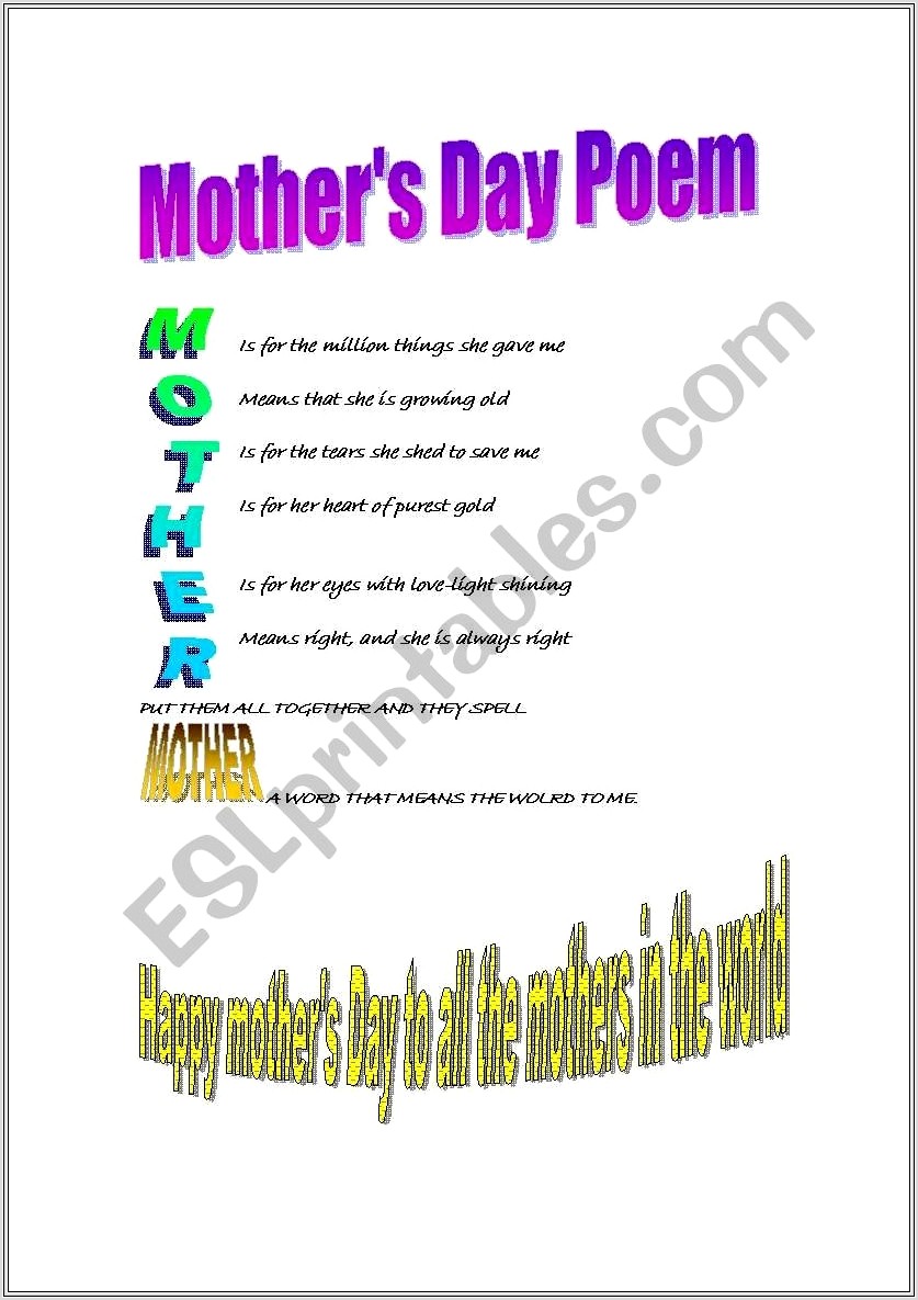 English Worksheet Mothers Day