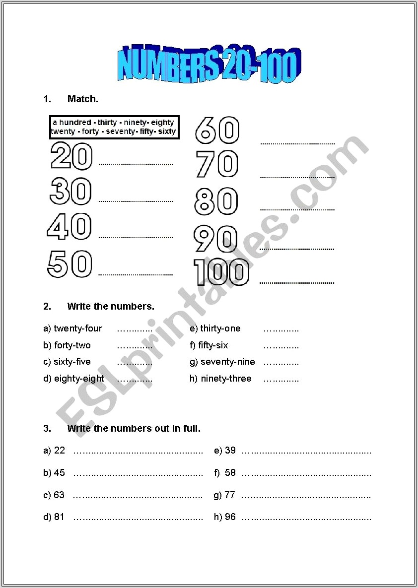 English Worksheet Numbers 20 100