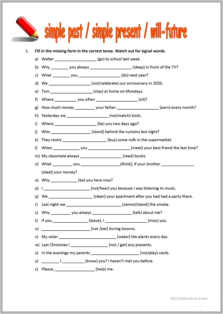 English Worksheet On Tenses For Class 7
