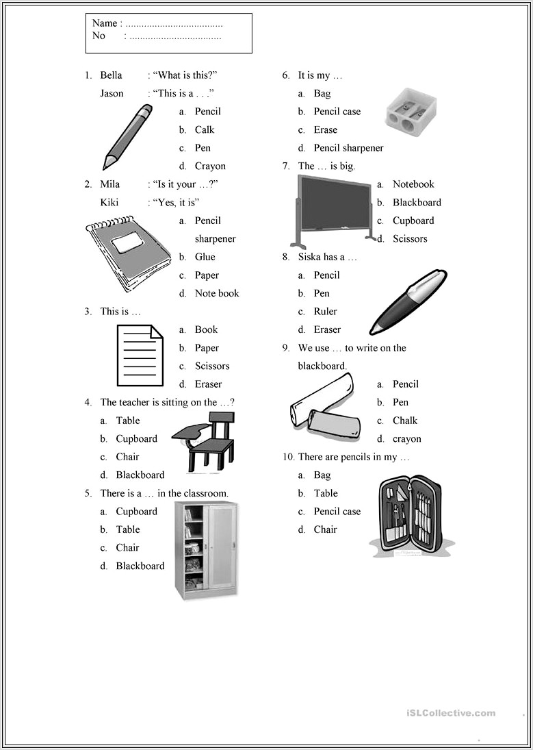 English Worksheet Things In The Classroom