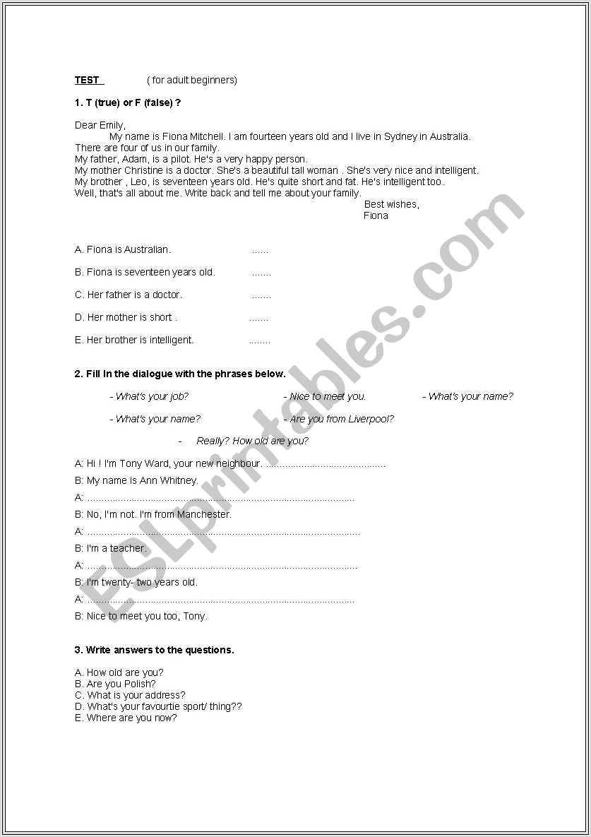 English Worksheets Adults Beginners
