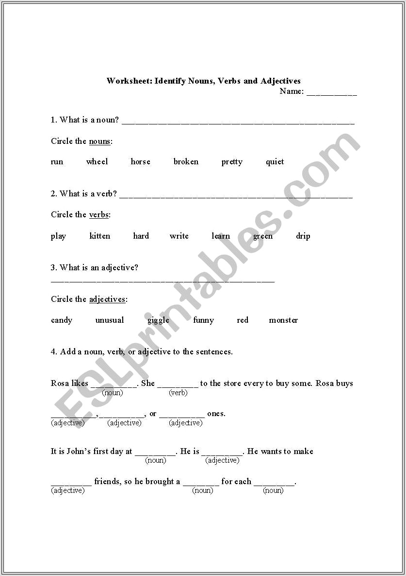 English Worksheets Nouns And Verbs