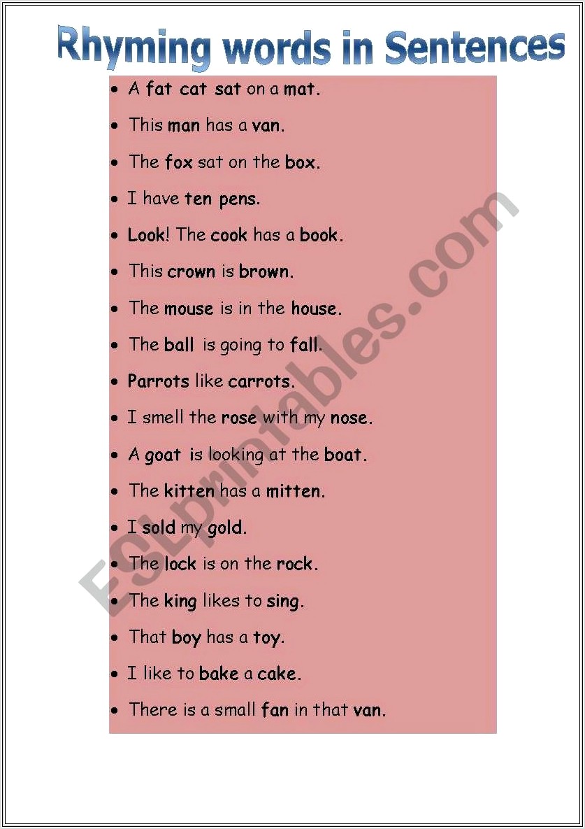 English Worksheets Rhyming Words