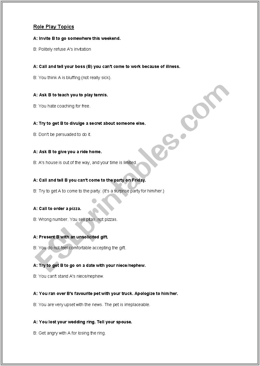 English Worksheets Role Play