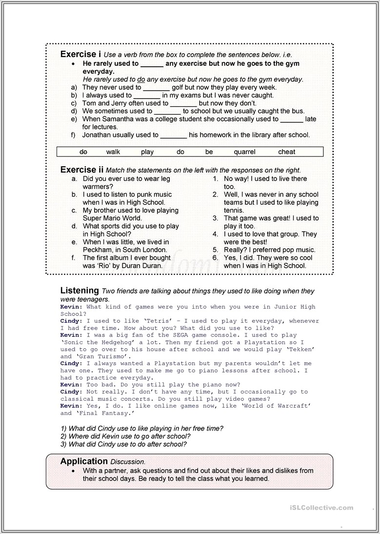 English Worksheets Used To Past Habits