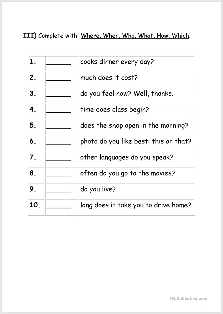 English Worksheets Wh Words