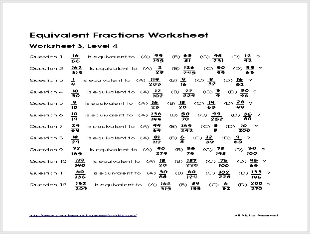 Equivalent Fractions Worksheet Level 4
