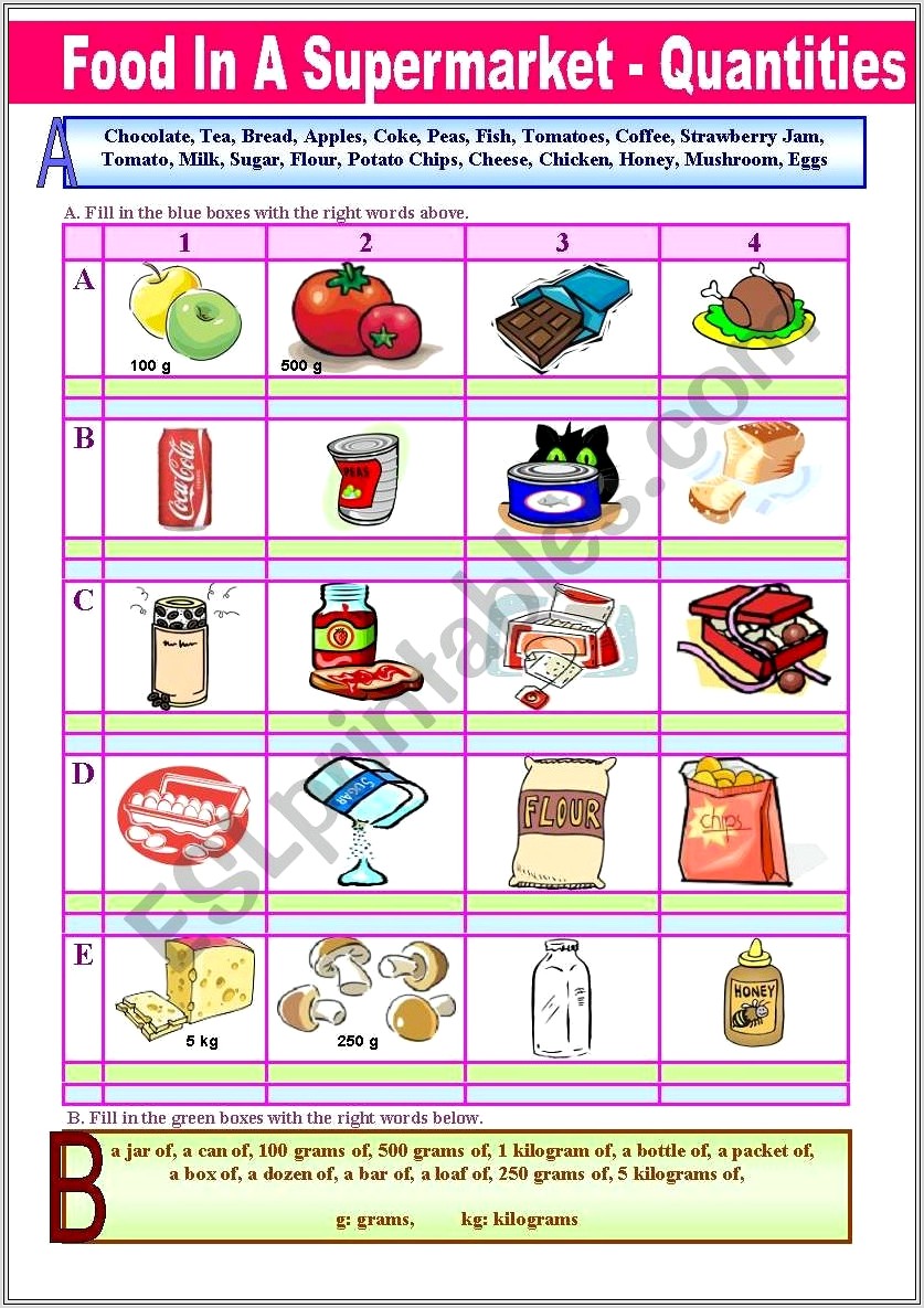 Esl Food Quantities Worksheet