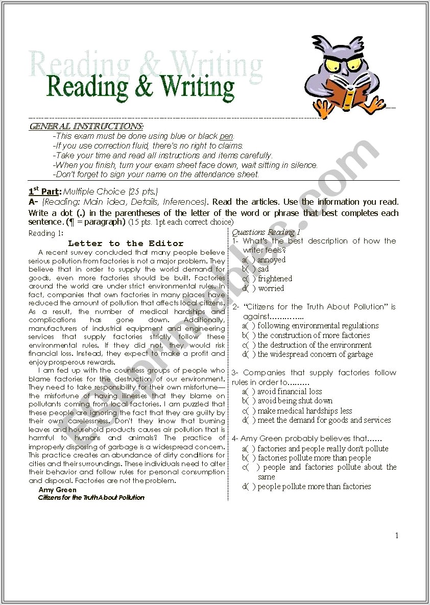 Esl Intermediate Writing Worksheet