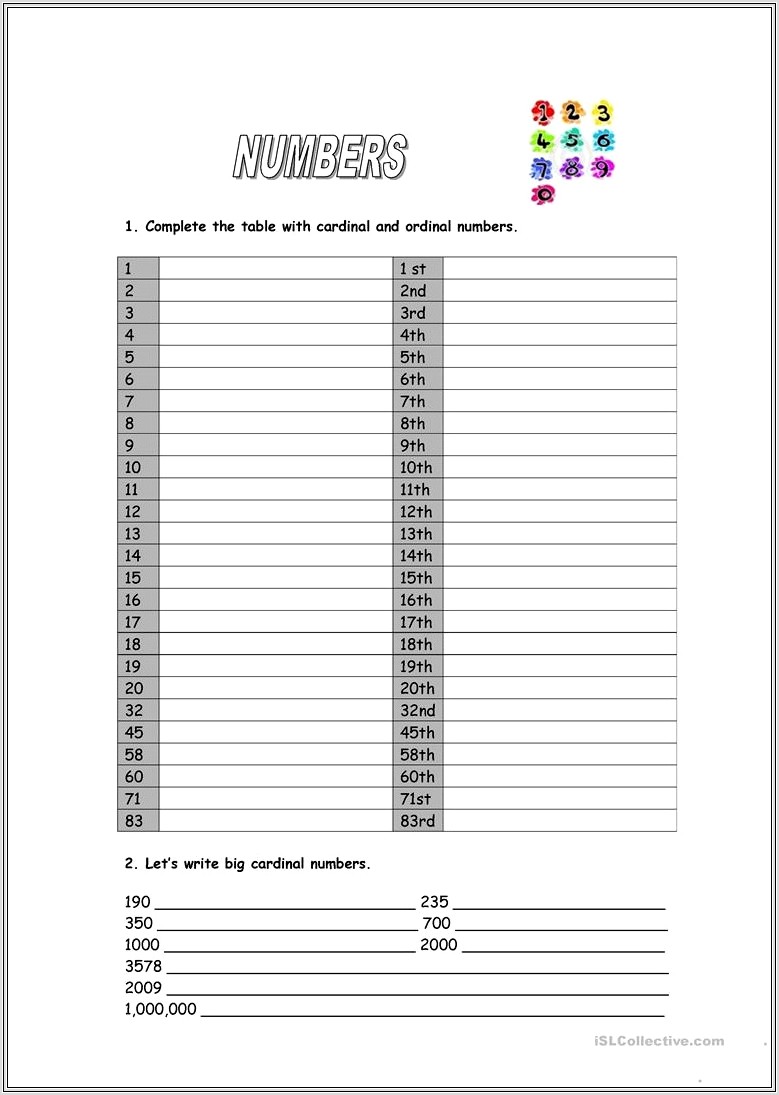 Esl Ordinal Numbers Worksheet Pdf