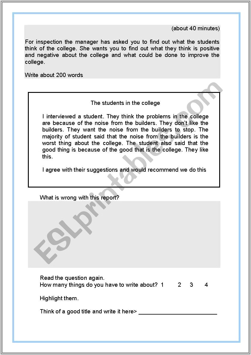 Esl Report Writing Worksheet