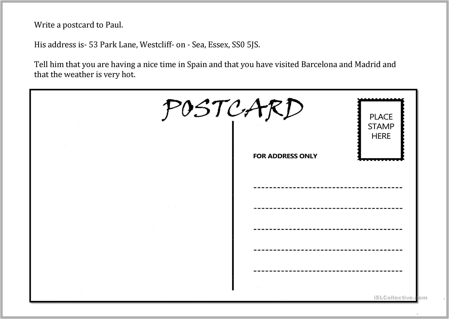 Esl Writing Postcard Worksheets