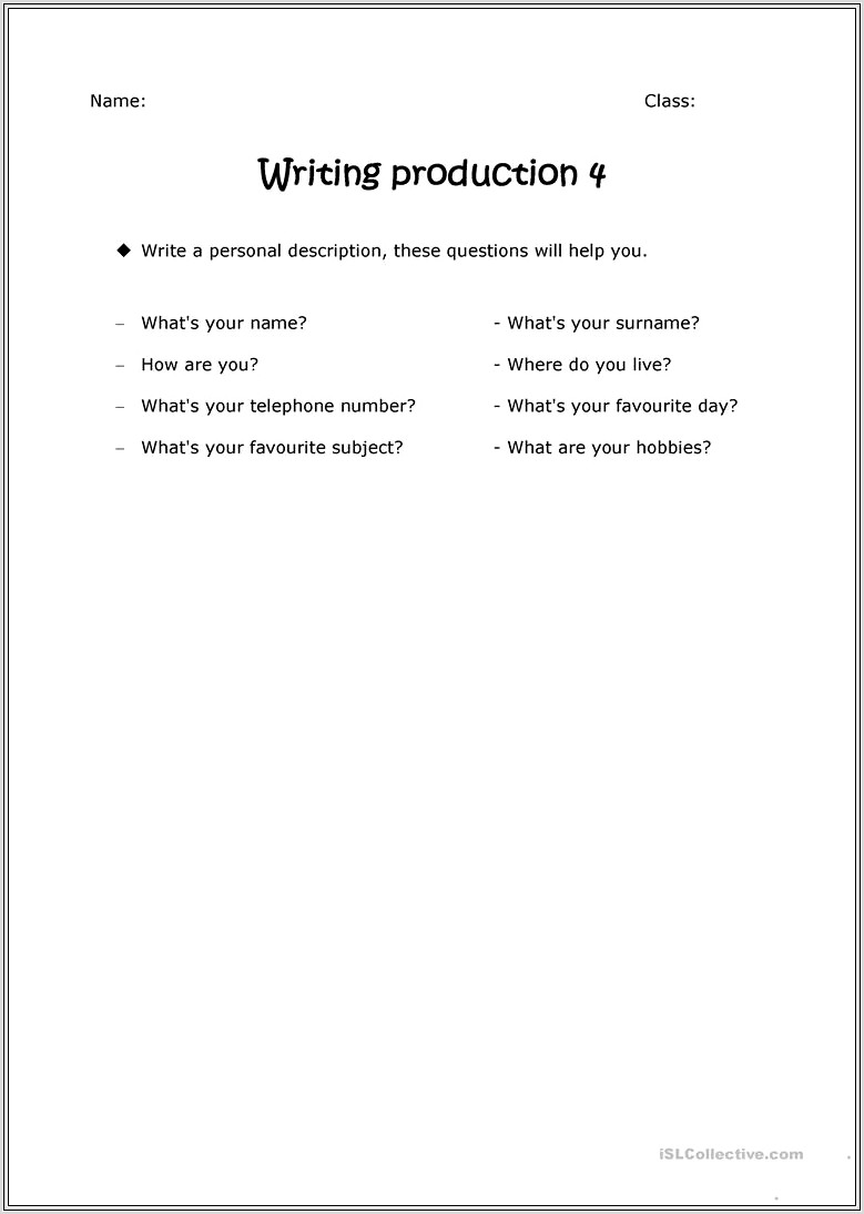 Esl Writing Printable Worksheets