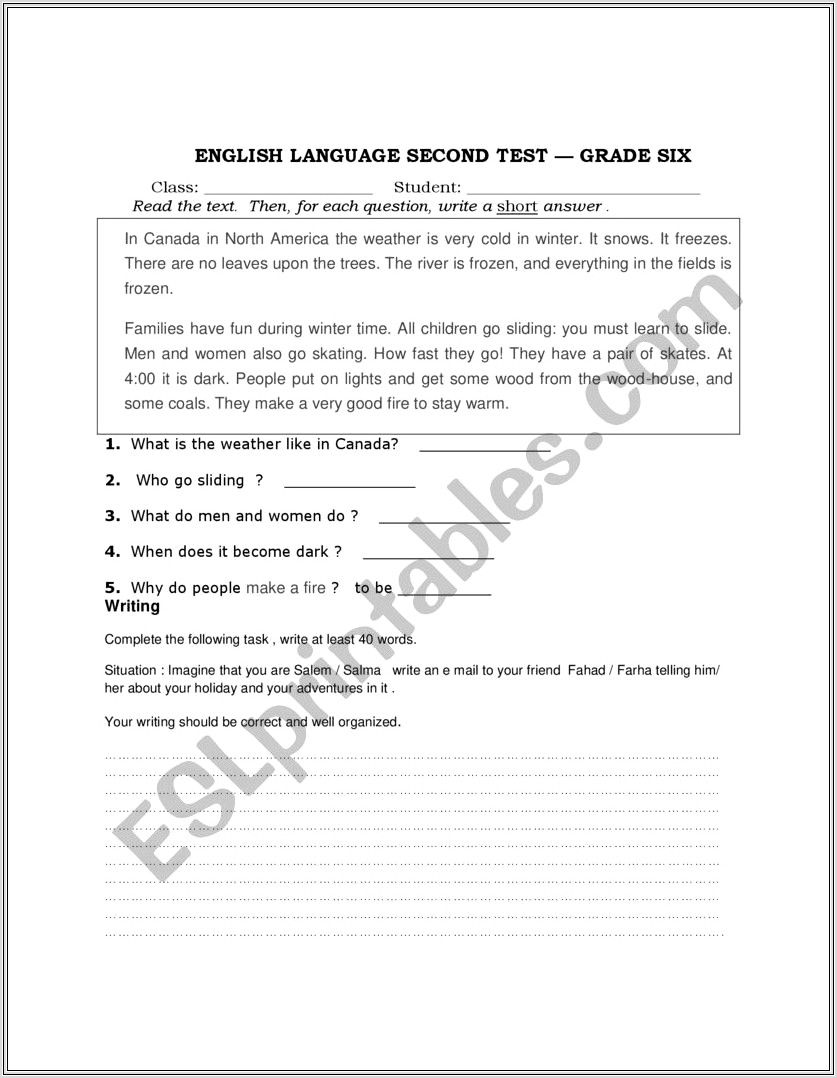 Esl Writing Test Worksheet