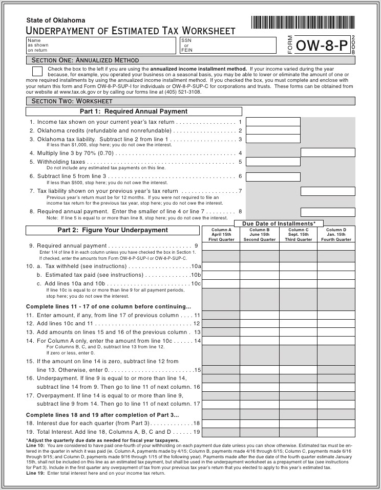 Estimated Tax Worksheet For Next Year