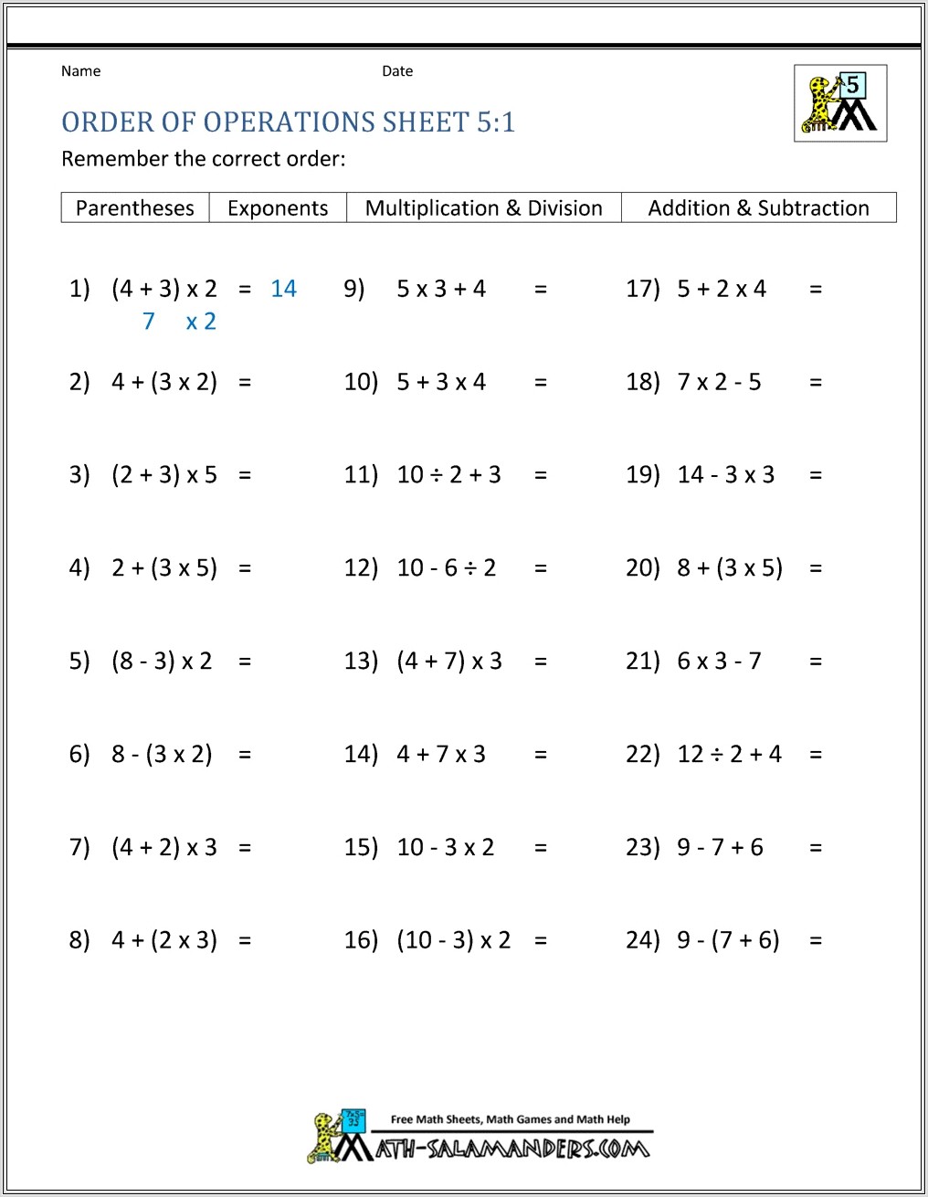 Evaluating Expressions Using Order Of Operations Worksheet