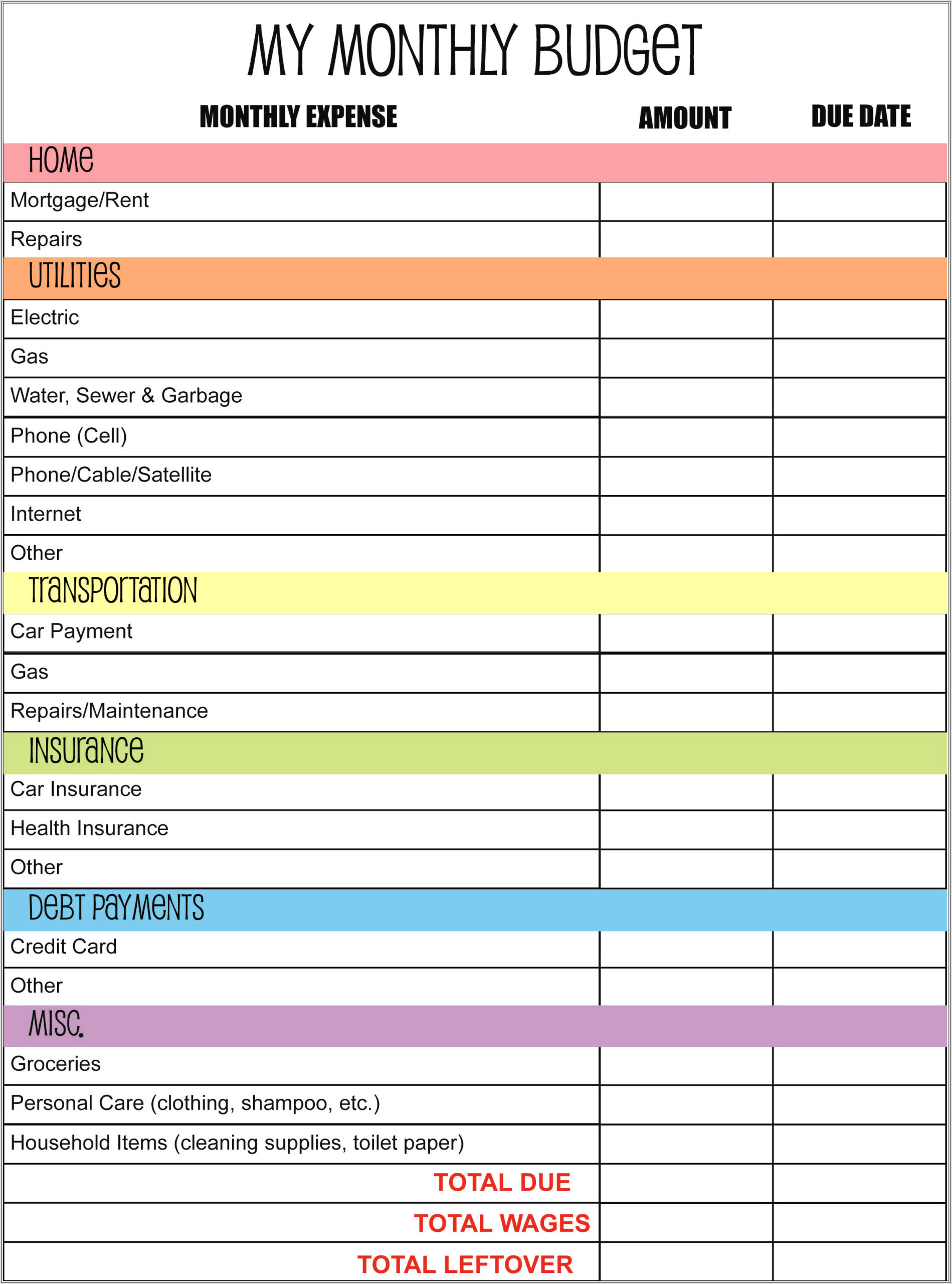 Example Of Home Budget Worksheet