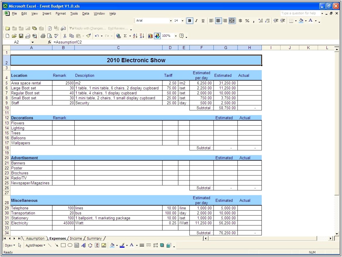Excel Spreadsheet Event Budget