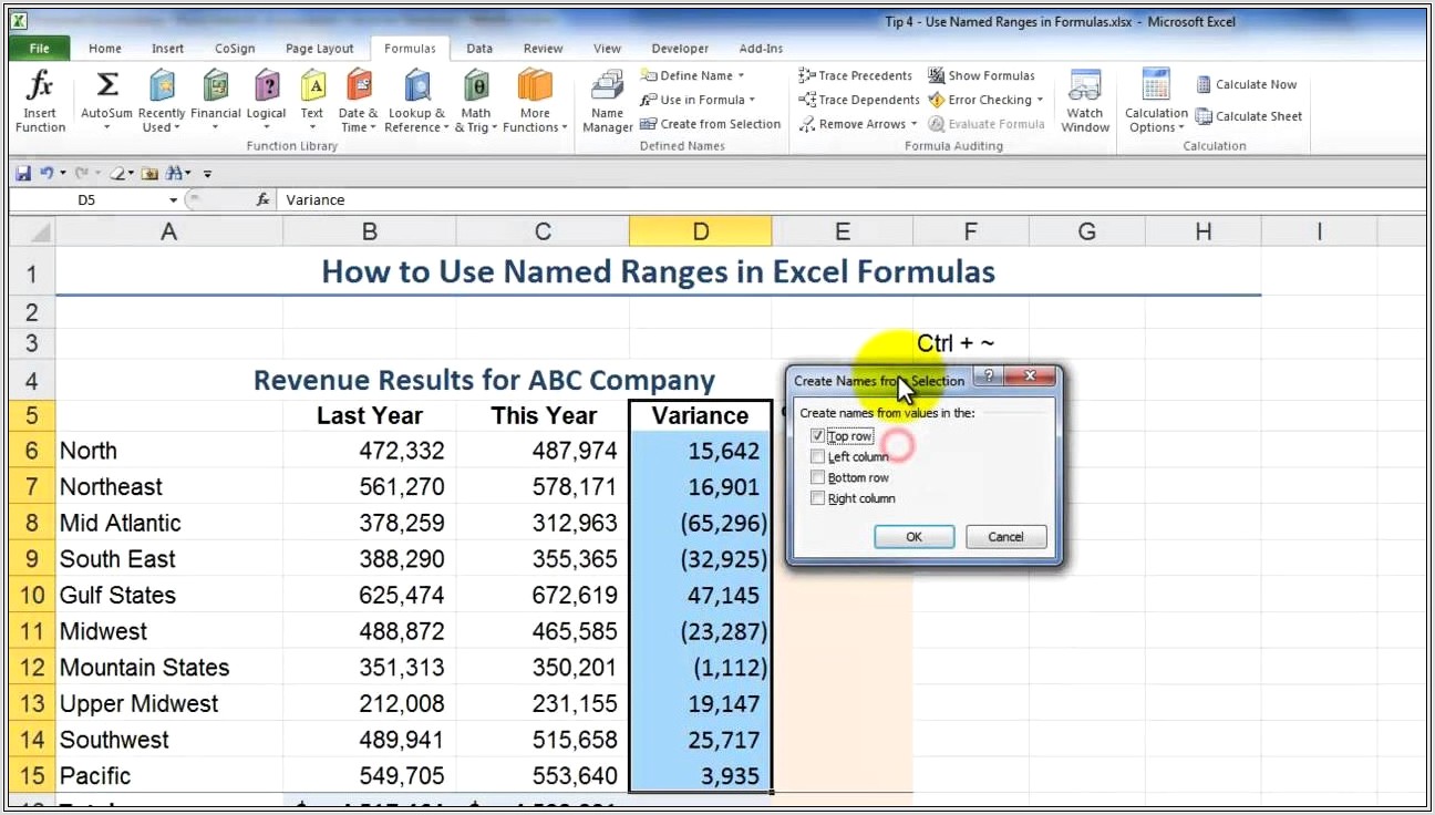 Excel Worksheet With Named Ranges