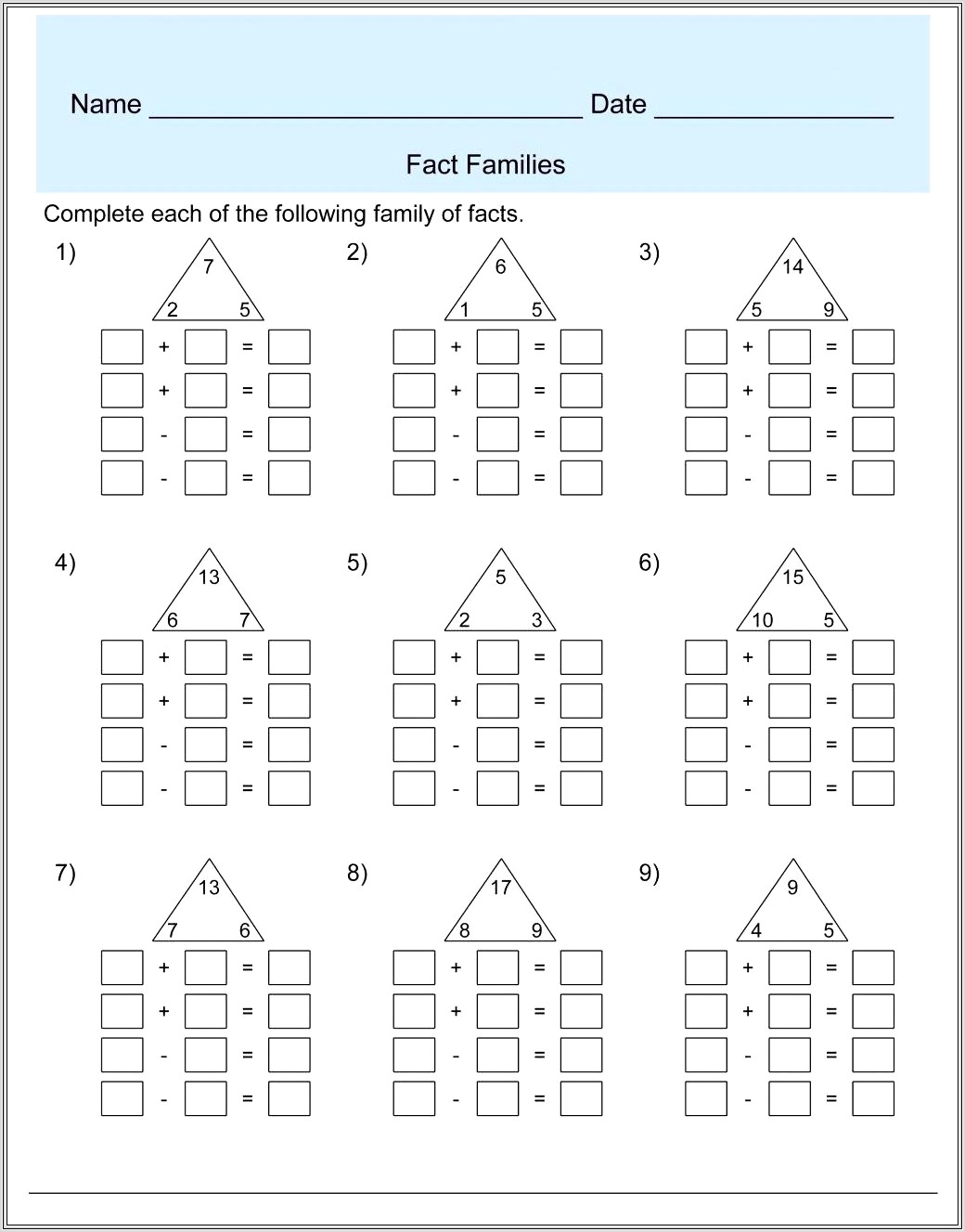 Fact Family Worksheet For Multiplication And Division