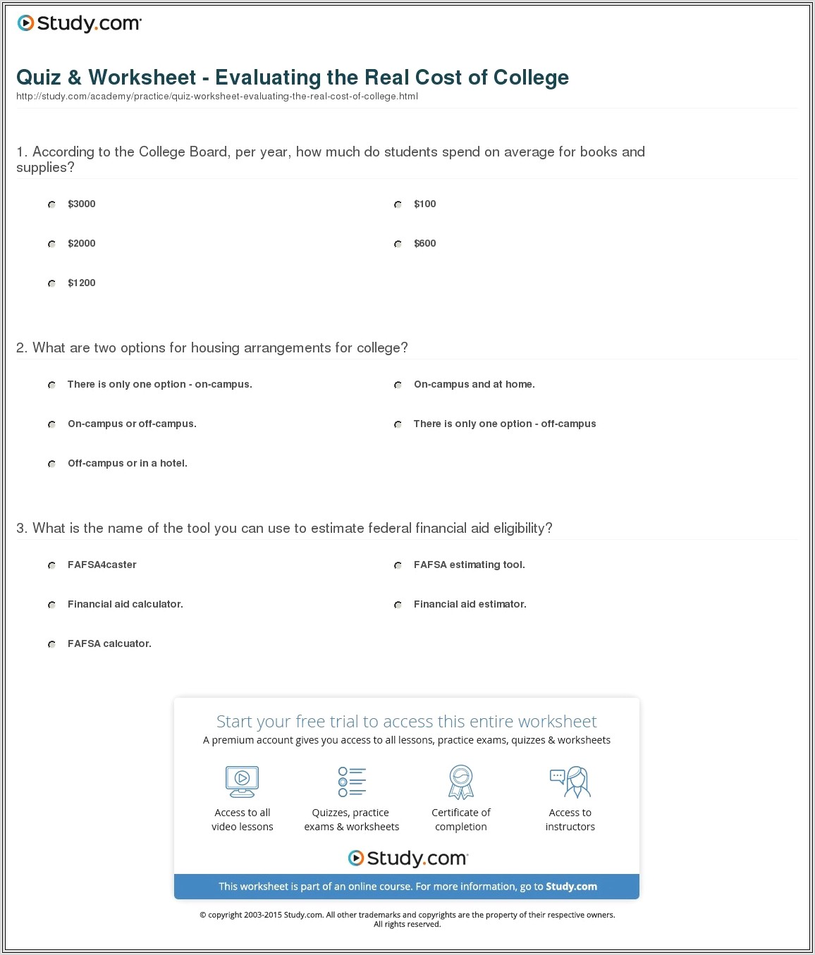 Fafsa College Cost Worksheet