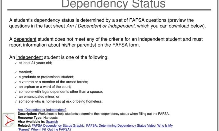 Fafsa Dependency Status Worksheet