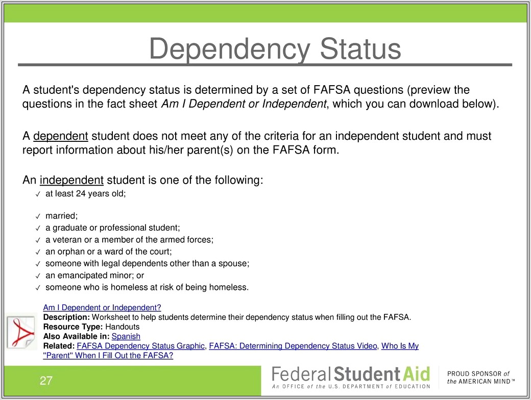Fafsa Dependency Status Worksheet