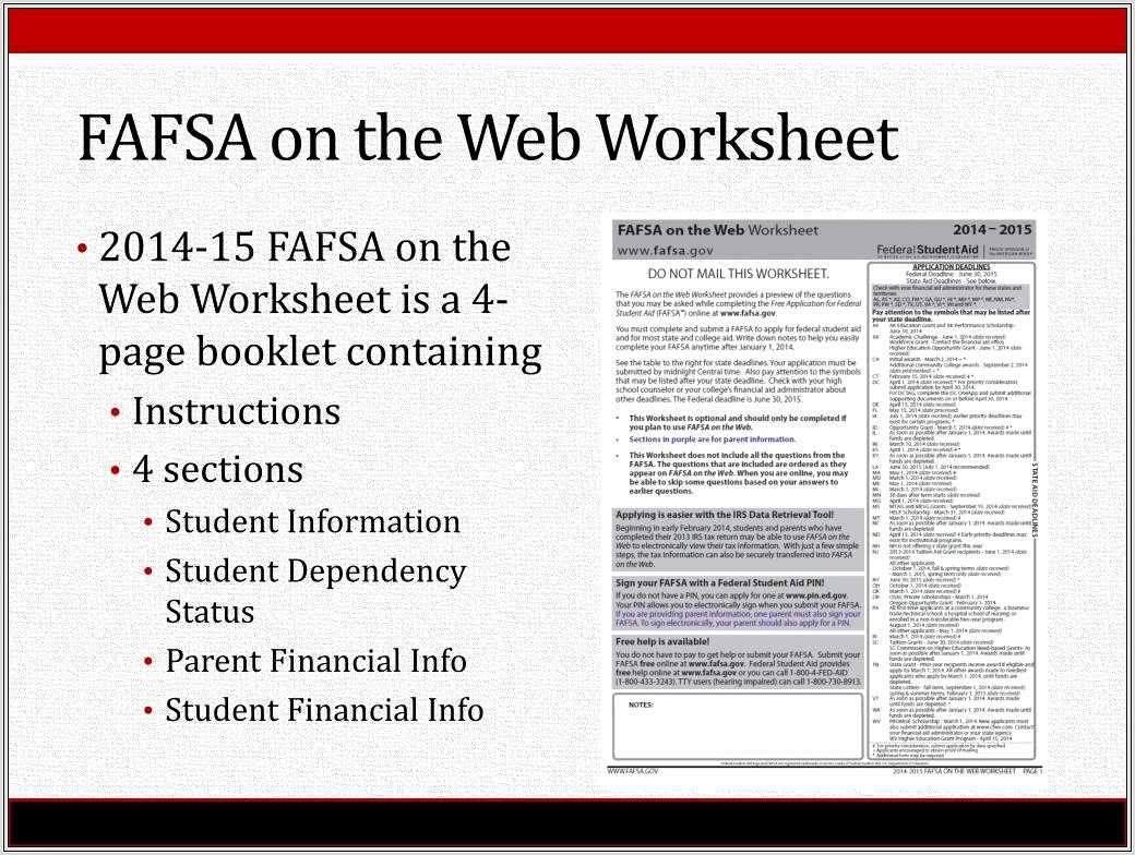 Fafsa On The Web Worksheet 2014 15
