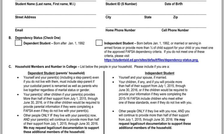 Fafsa Standard Verification Worksheet