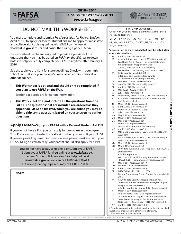 Fafsa Worksheet For Parents