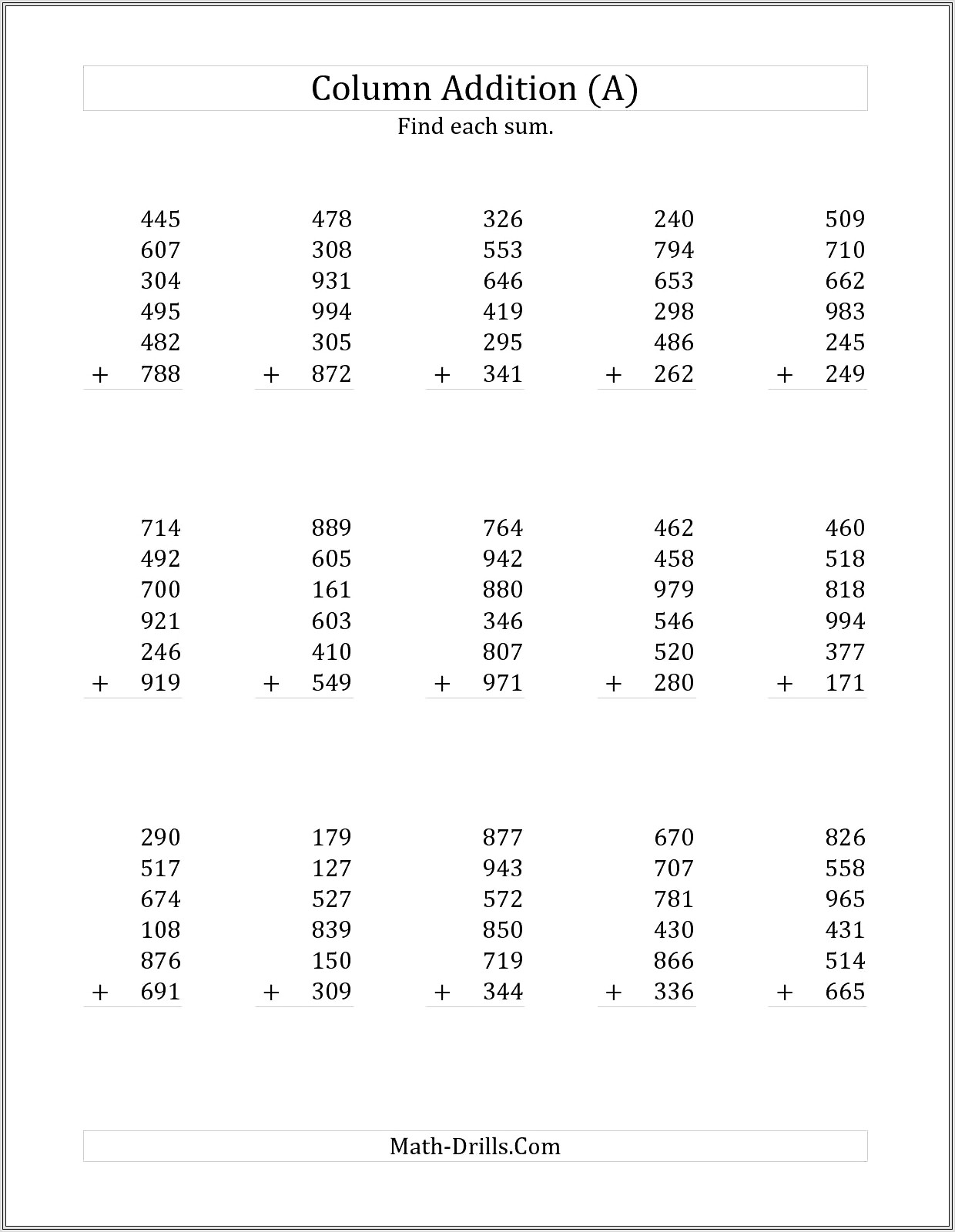 First Grade Adding 3 Numbers Worksheet