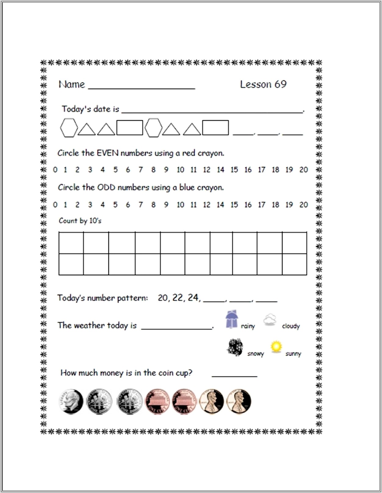 First Grade Calendar Worksheet