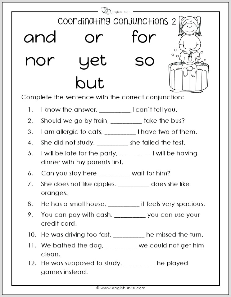 First Grade Conjunctions Worksheet