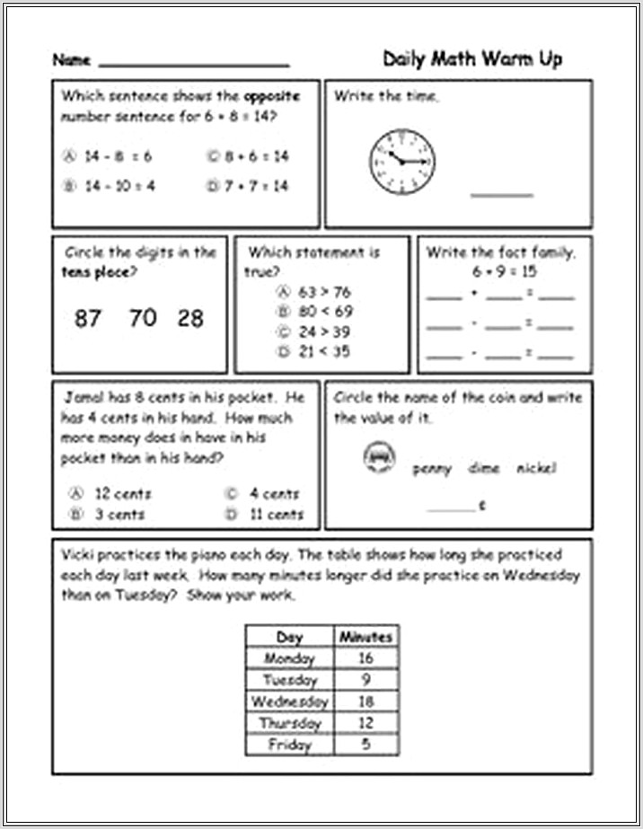 First Grade Math Warm Up Worksheets