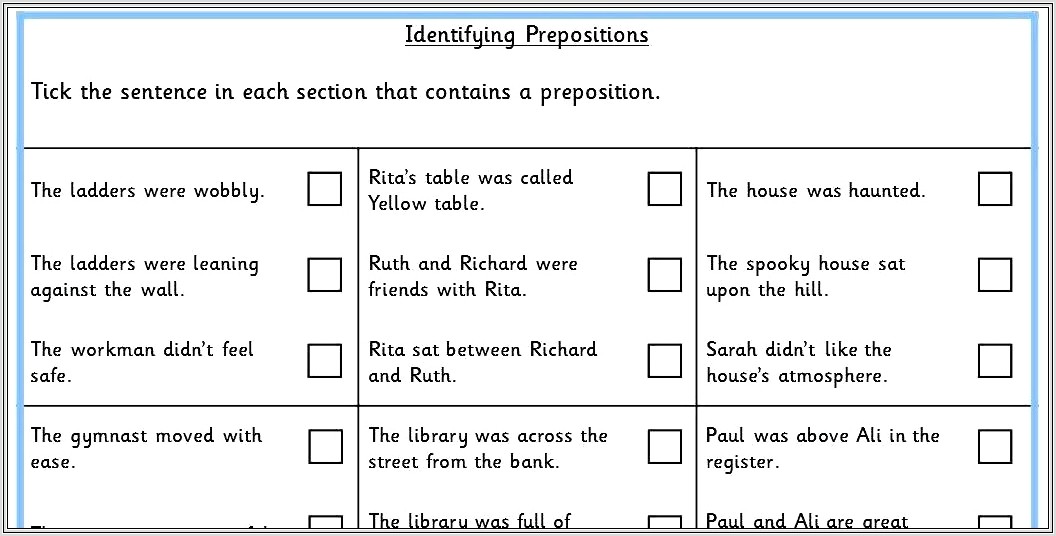 First Grade Preposition Worksheet
