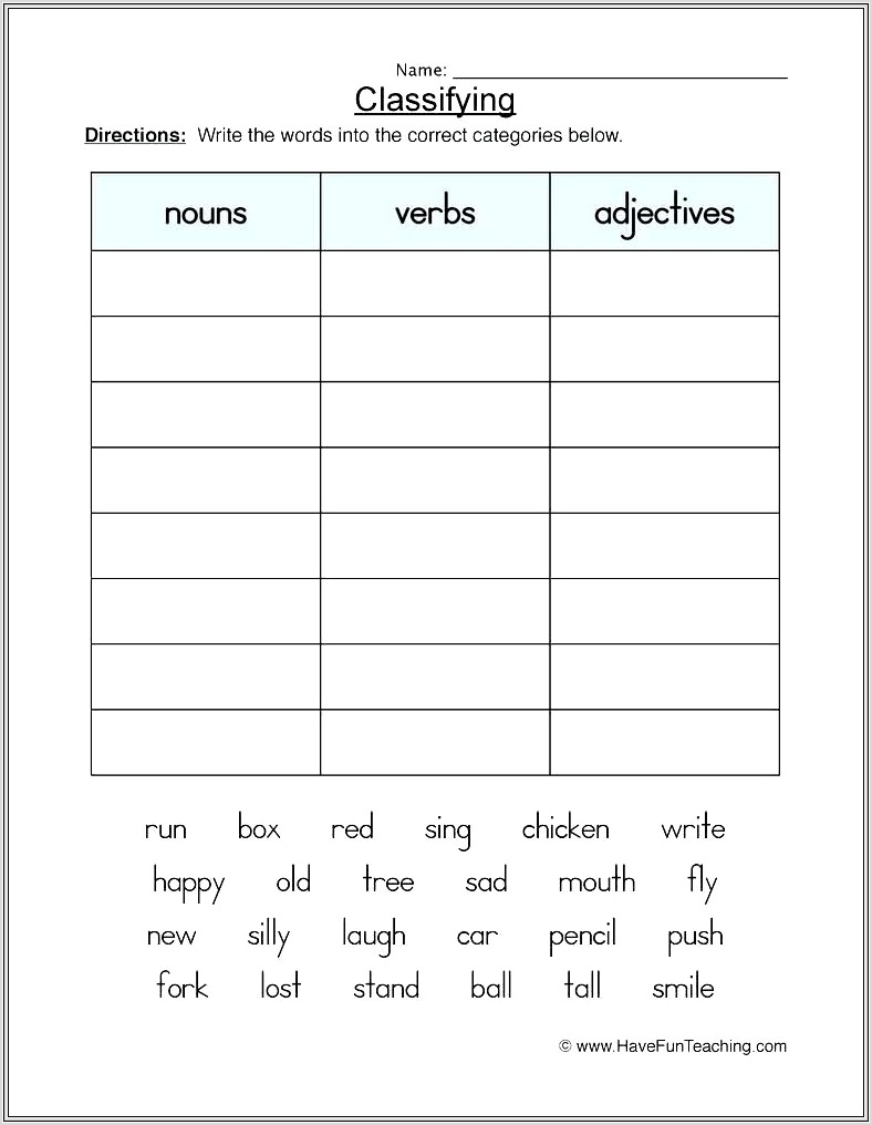First Grade Worksheet Nouns And Verbs