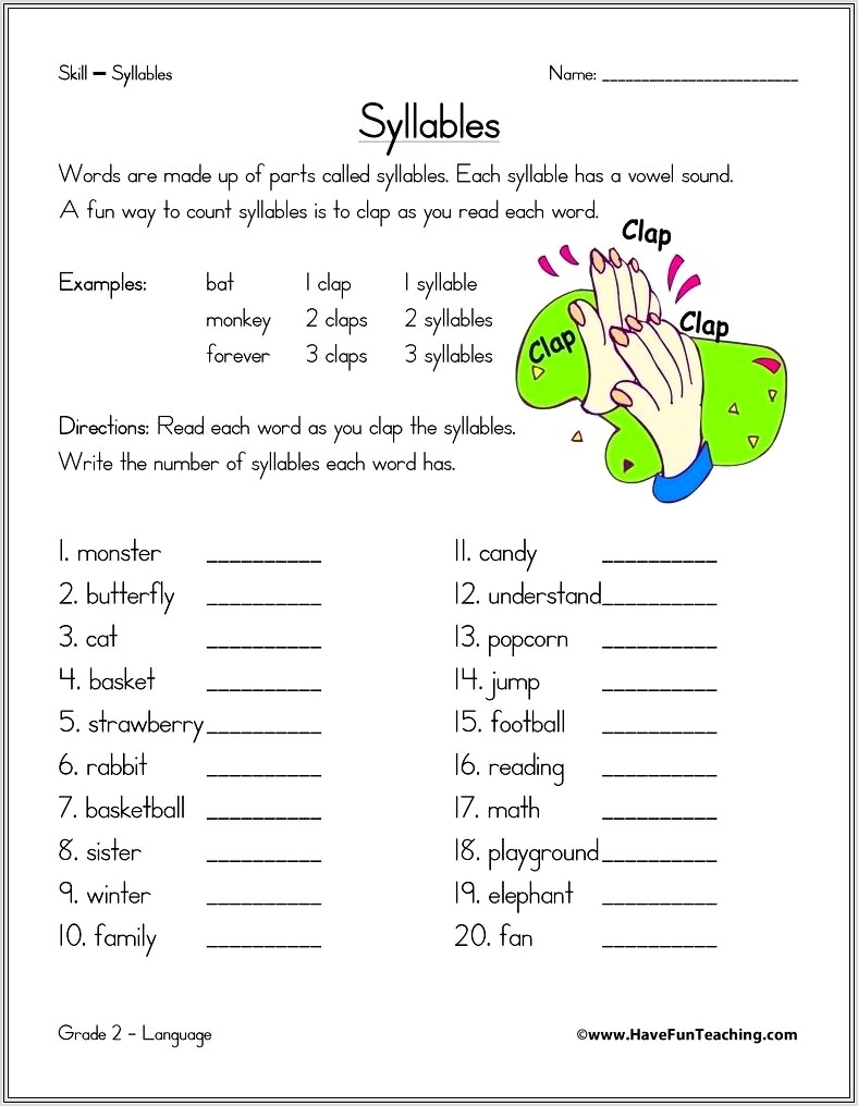 First Grade Worksheet On Syllables