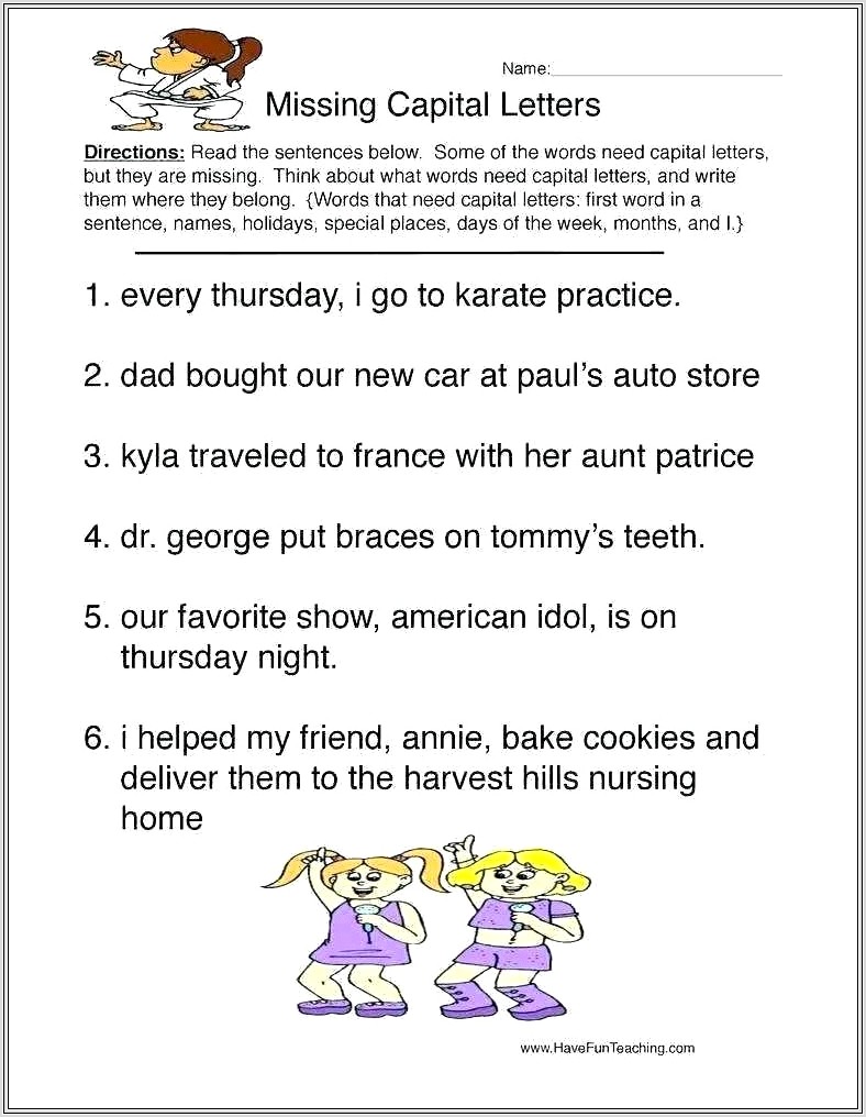 First Grade Worksheets Capitalization And Punctuation
