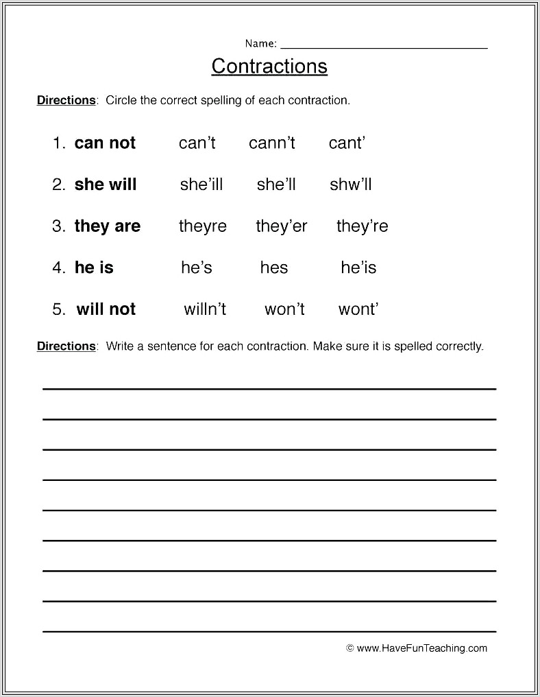 First Grade Worksheets For Contractions