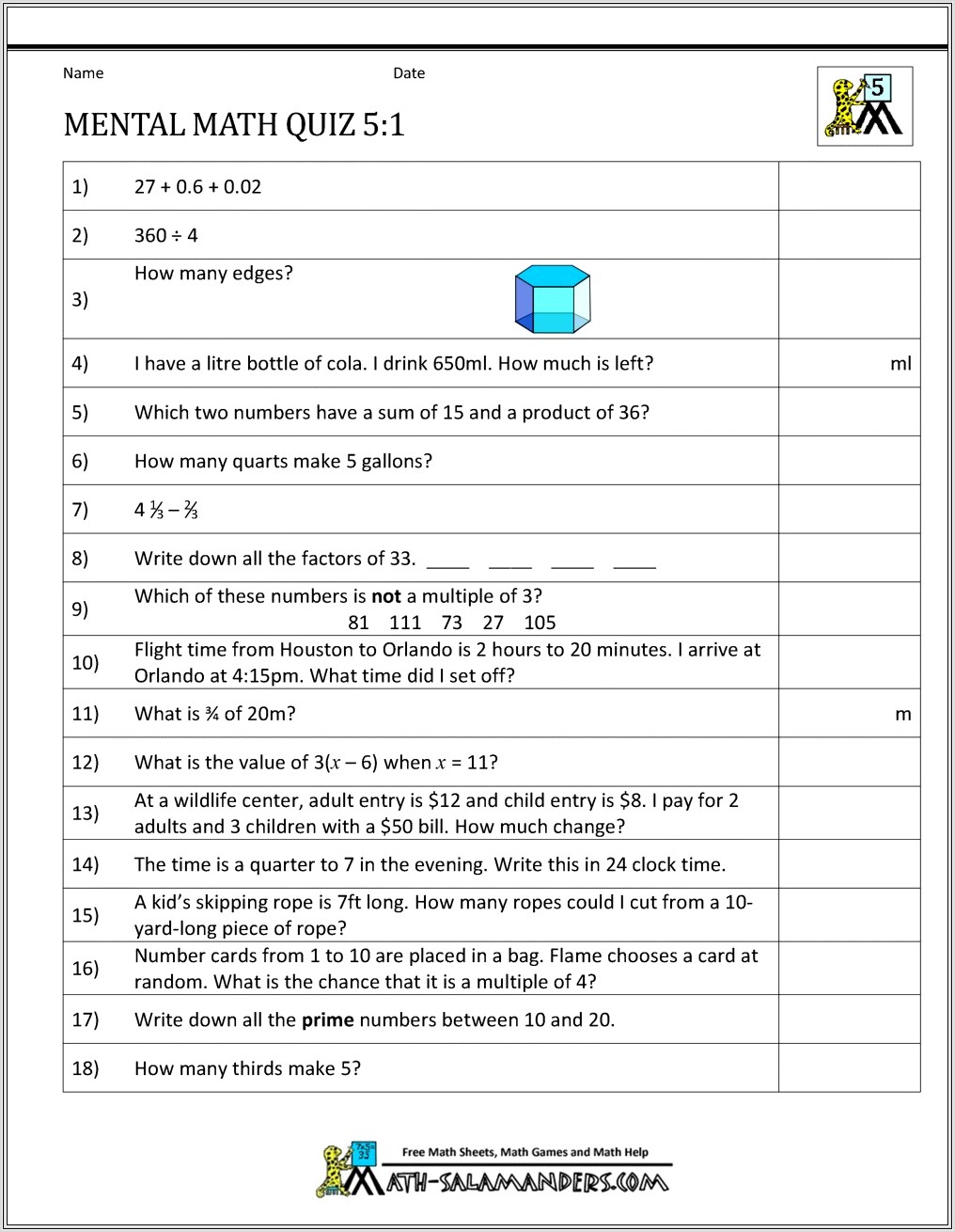 Firth Grade Math Worksheet