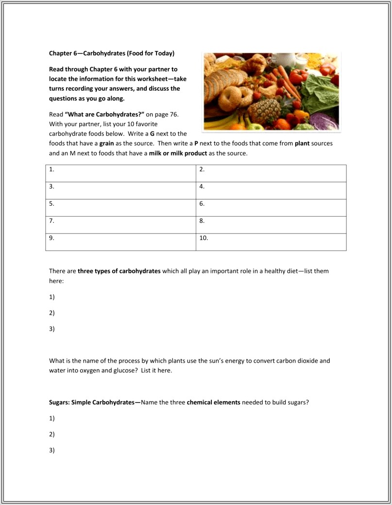 Food For Today Worksheet Answers